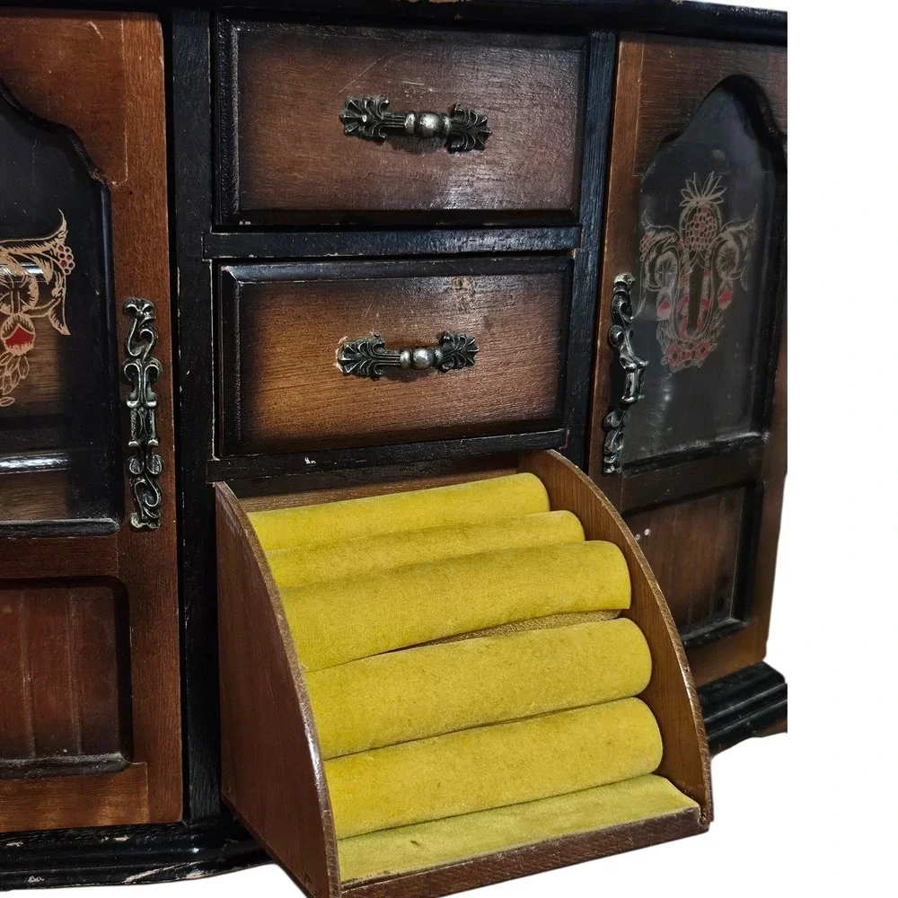 Vintage MCM Wooden Jewelry Armoire Etched Glass Doors & 4 Drawers Dresser 10.5